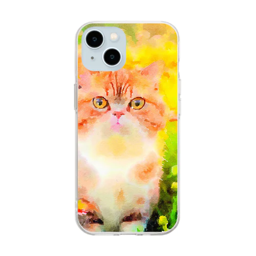 猫の水彩画/花畑のエキゾチックショートヘアねこのイラスト/茶トラネコ Soft Clear Smartphone Case