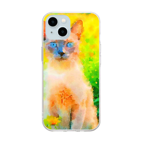 猫の水彩画/花畑のトンキニーズねこのイラスト/ポイントネコ Soft Clear Smartphone Case