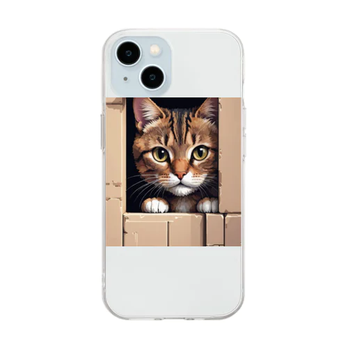 物陰から観察するかわいい猫 Soft Clear Smartphone Case