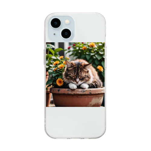 お花の上でくつろぐ猫 Soft Clear Smartphone Case