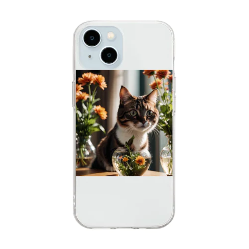 お花のむこうに何かを見つけた猫 Soft Clear Smartphone Case