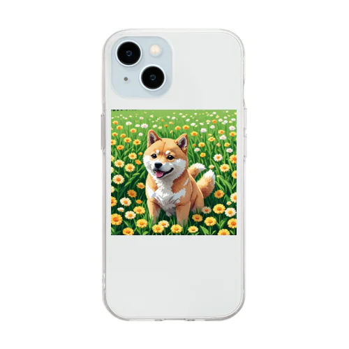 お花畑と柴犬 Soft Clear Smartphone Case