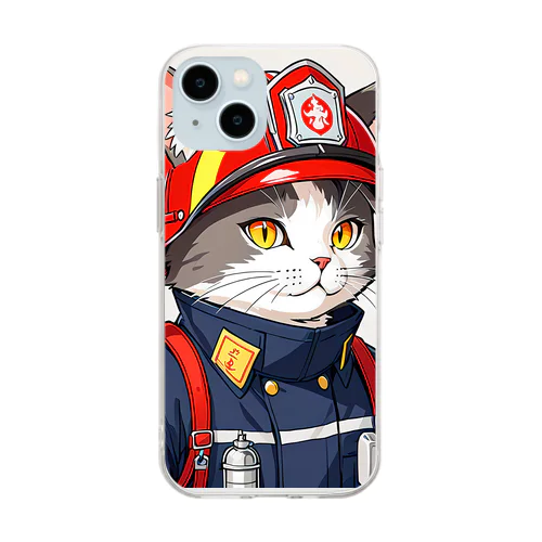 働く猫：消防士 Soft Clear Smartphone Case