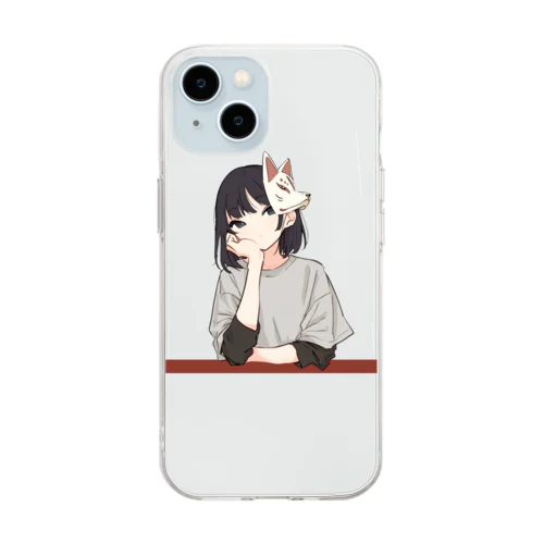 肘つき狐面少女 Soft Clear Smartphone Case