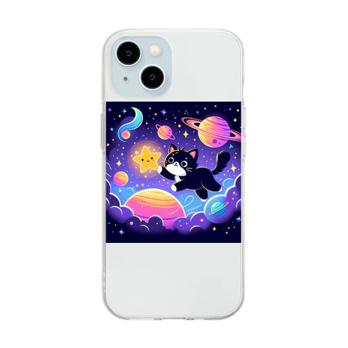夜空で遊ぶネコにゃん⭐️ Soft Clear Smartphone Case