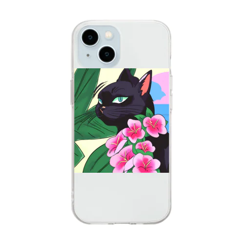 黒猫 アロハ Soft Clear Smartphone Case