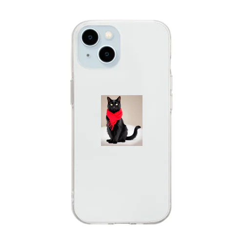 かわいい赤マフラーの黒猫 Soft Clear Smartphone Case