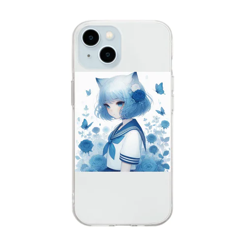 青薔薇と蝶 Soft Clear Smartphone Case