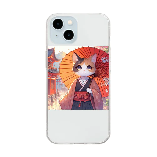 傘をさしている猫_アニメ風2 Soft Clear Smartphone Case