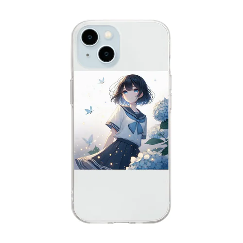 紫陽花と女子高生 Soft Clear Smartphone Case