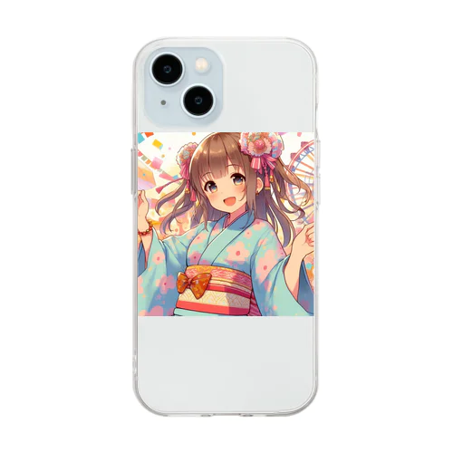 元気いっぱいの浴衣姿の女子高生 Soft Clear Smartphone Case