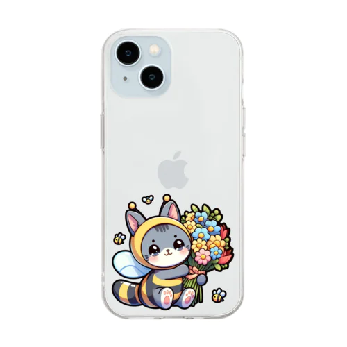 花束きぐるみネコ Soft Clear Smartphone Case