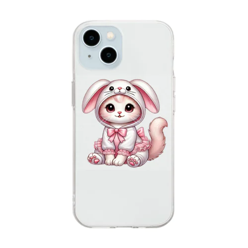 ふわふわバニーコスチュームのかわいい子猫 Soft Clear Smartphone Case