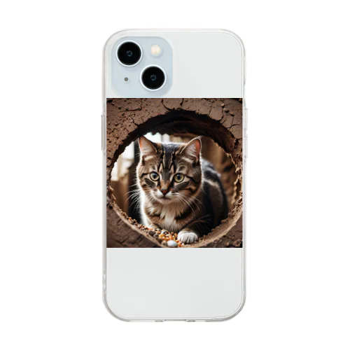 穴から覗く猫 Soft Clear Smartphone Case