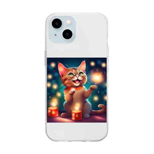 花火で遊ぶかわいい猫ちゃん Soft Clear Smartphone Case