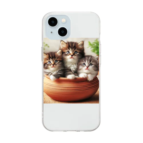 土鍋に可愛い親子猫が3匹④ Soft Clear Smartphone Case