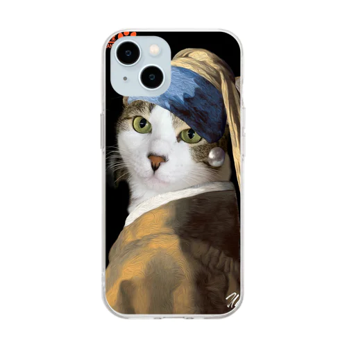 真珠の耳飾りのニャンコ Soft Clear Smartphone Case