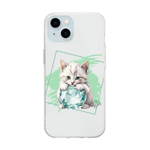 3月の誕生石「アクアマリン」を抱えた白猫ちゃん Soft Clear Smartphone Case