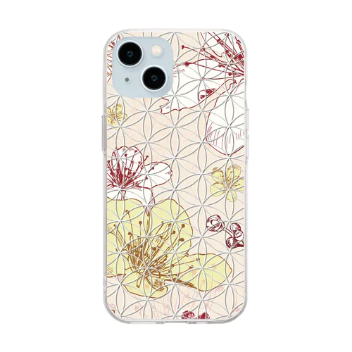 フラワーオブライフ【幸運、運気アップ】iPhoneケース、桜の花柄ピンク、大人っぽいデザイン Soft Clear Smartphone Case