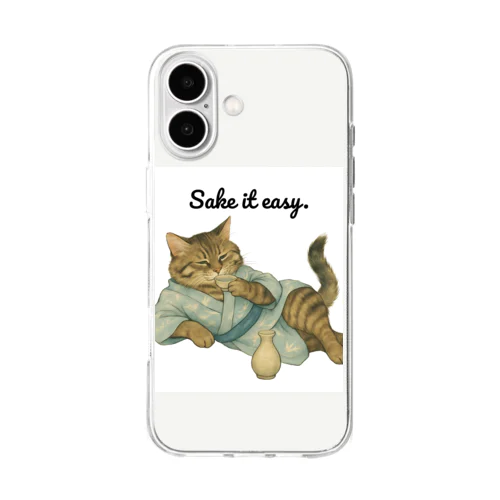 くつろぎ上手な猫 Sake it easy. 癒しアートデザイン Soft Clear Smartphone Case