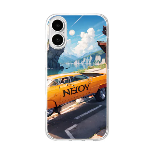 00036-A vintage yellow car with the word NEBOY written on it. The car is parked in front of a wooden building and near a cl Soft Clear Smartphone Case