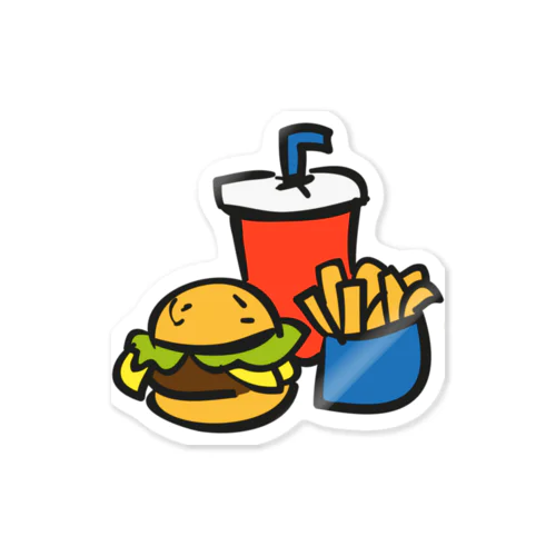 ハンバーガーとポテトとドリンクのセット ---カラフルでポップなフードデザインTシャツ--- Sticker