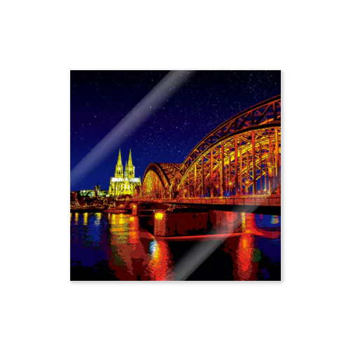 ドイツ 夜のホーエンツォレルン橋とケルン大聖堂 ステッカー