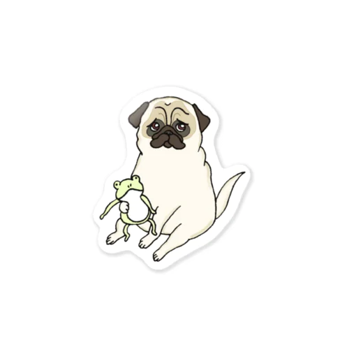 a pug and a frog doll Sticker