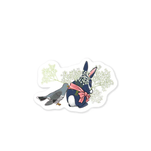 かすみ草を集めるうさぎとカッコウ Sticker