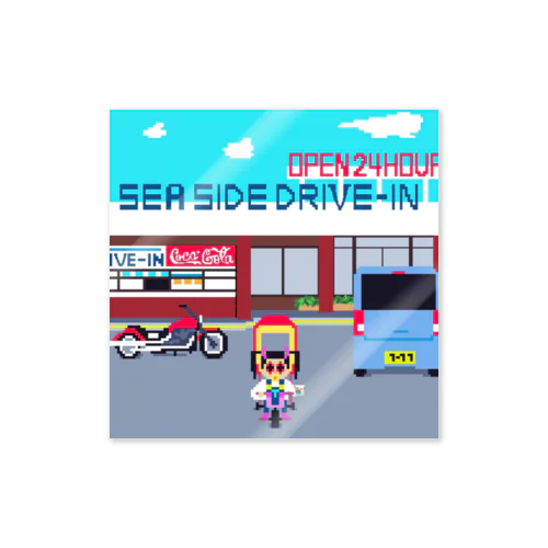 ドット絵　ruruちゃん/三輪車でお散歩　シーサイドドライブイン編 ステッカー