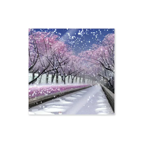 夜の桜並木に雪 Sticker