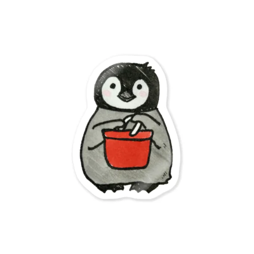 なぜか赤いバケツを持つペンギンのおこさま Sticker