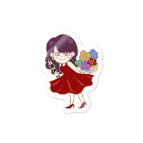 虹色の花束とクラリネットを持つ女の子 Sticker