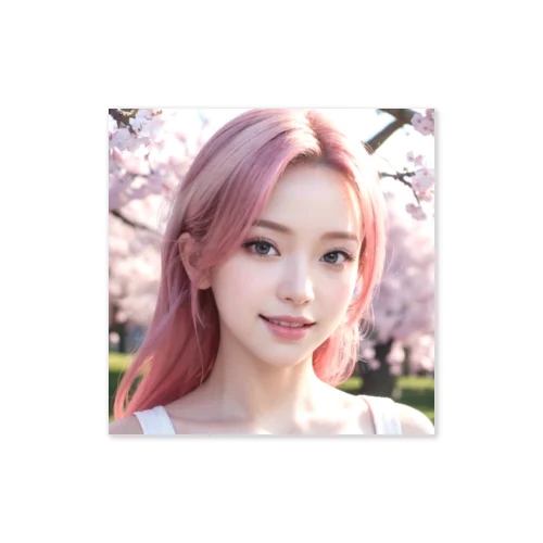 桜と笑顔が可愛いピンクの髪の女の子 ステッカー