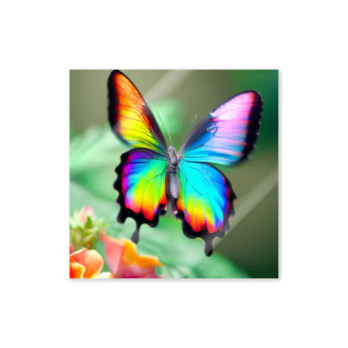 花に舞い降りた虹色の蝶のグッズ ステッカー