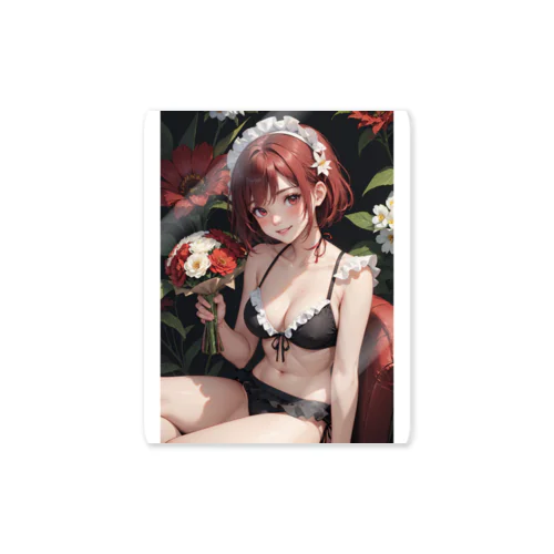 赤髪メイドのビキニ花束イラスト Sticker