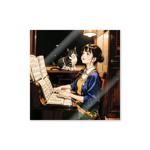 女の子とその音楽につられてきた猫 Sticker