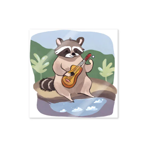 【大分県】タヌキが温泉地で湯につかりながら楽器を演奏する ステッカー