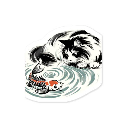 猫と鯉（水墨画風） Sticker