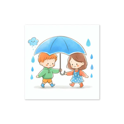 雨と子供のシンプルなカラーイラスト ステッカー