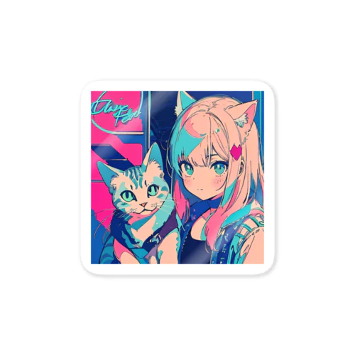 猫と猫耳の女の子 Sticker