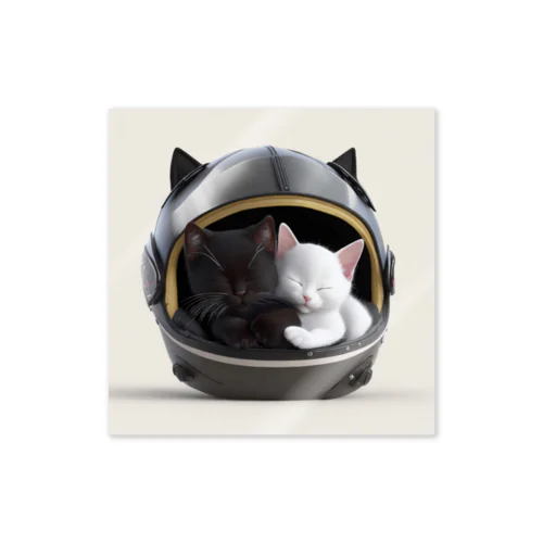 猫型ヘルメットで眠る黒猫と白猫 Sticker