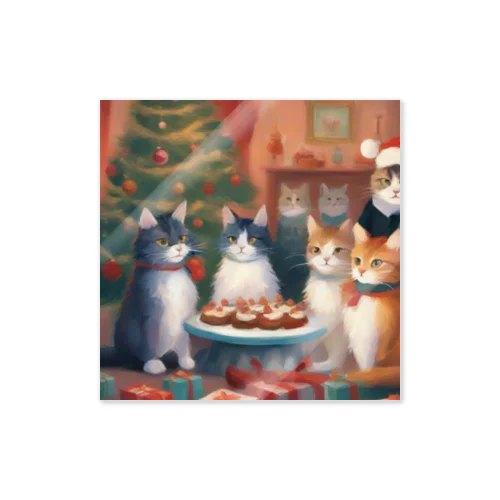 クリスマスパーティ中の猫たち ステッカー