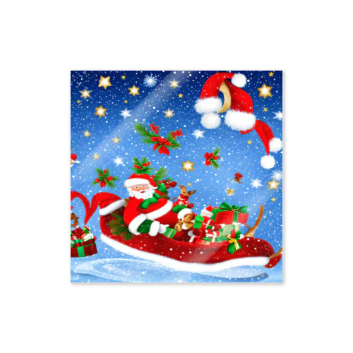 雪降るクリスマスイブにプレゼントを配達するサンタクロースとトナカイ Sticker