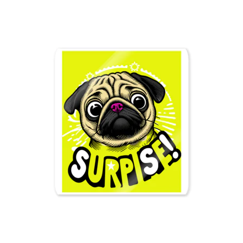 "Surprise!"びっくり！のロゴ入りパグのイラストです。 ステッカー