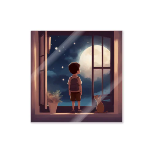 窓の中に立つ少年が、深い夜空を見つめている。 Sticker
