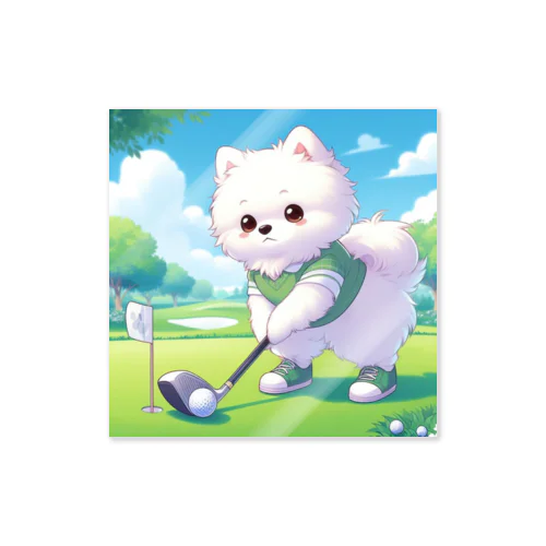 ゴルフを楽しむ白いポメラニアン ステッカー