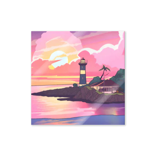 夕焼けに染まる離島の灯台 ステッカー