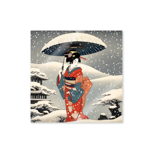 日本の風景、雪降る中を歩く舞妓さん　Japanese senery：Maiko in the snow ステッカー