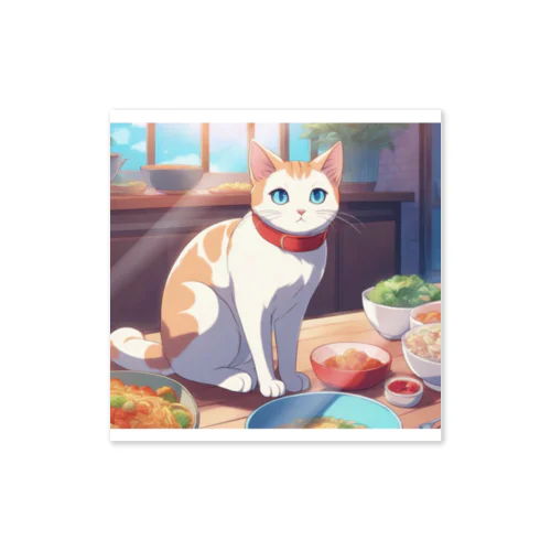 ご飯の前で座り込む仕草の猫 Sticker